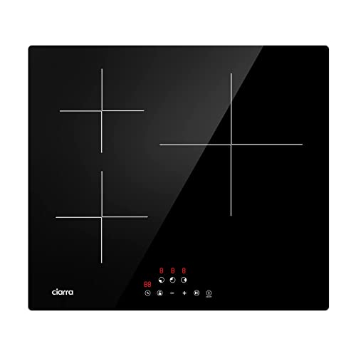 CIARRA CBBIH3 Placa Inducción 3 Fuegos 6100W Cocina Integrada Encimera Inducción Vitrocerámica de Control Táctil con 9 Niveles de Potencia Fuciones de Seguridad Función Stop y Go Negro