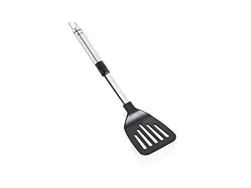 Leifheit Espátula de acero inoxidable y nailon para cocinar sin rayar el revestimiento de las sartenes, espumadera con cómoda empuñadura ovalada, plateada y negra