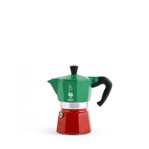 Bialetti - Moka Express Italian Collection: Icónica Cafetera Italiana para Espresso, Auténtico Café Italiano, 3 Tazas (130 ml), Aluminio, Color Verde/Rojo