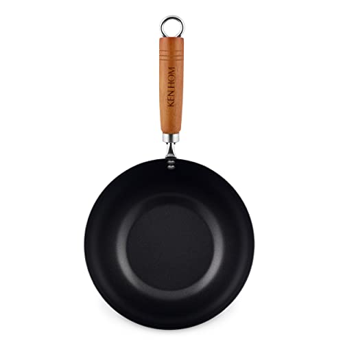 Ken Hom KH320001 Mini Wok Acero Carbono Antiadherente, 20cm, Classic, Sartén Sin Inducción/Con Mango De Madera/Base Plana, No Apto Para Lavavajillas, 2 Años de Garantía