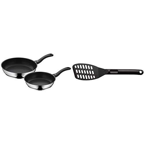 WMF Juego de 2 sartenes antiadherentes Devil 24-28 cm, de acero inoxidable y revestimiento antiadherente Color Negro & Neutral Espátula para sartén, Negro, 31cm