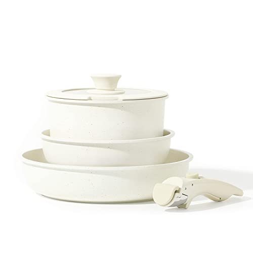 CAROTE Juego de 5 Sartenes Induccion, Sartenes Antiadherentes 20 cm y 26 cm, Ollas Cocina 18 cm con Tapas, Sartenes Mango Extraible, Horno Seguro, Apta Para Todo Tipo de Cocinas