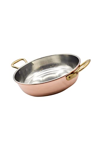 CREARTISTIC Sartén de cobre estañado con 2 asas de latón de 4 cm, 26 x 7 cm, 2,8 l, para servir en la mesa, tamaño pequeño y grande, 100 % hecha a mano en Italia