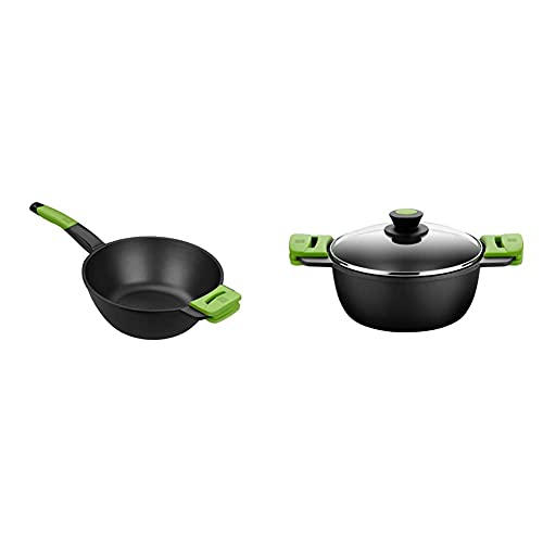 BRA PRIOR Wok con mango, aluminio fundido con antiadherente, apto inducción, Diámetro superior 28 cm, Diámetro base 15 cm PRIOR Cacerola alta con tapa de cristal y asas de silicona, 24 cm
