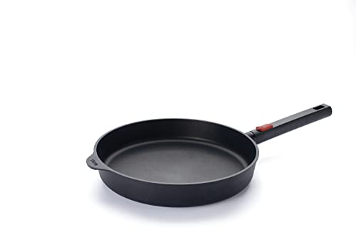 Woll Diamond Logic XR - Sartén plana inductiva, diámetro de 28 cm, 5 cm de alto, con mango extraíble, apta para todo tipo de fuegos, aluminio, apto para horno, color negro