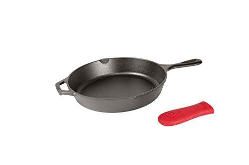 Lodge Sartén de hierro fundido, presazonada con soporte de silicona para mango caliente, 10.25 pulgadas de diámetro, silicona negra y roja (L8SK3ASHH41B)