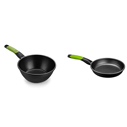 BRA Prior - Wok con mango, Aluminio Fundido con Antiadherente Teflon Classic, Negro, Diámetro superior 24 cm, Diámetro base 13.2 cm & PRIOR - Sartén, 18 cm, aluminio fundido,Color Negro