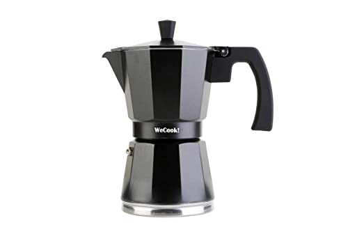 WECOOK! Luccia Cafetera Italiana, Inducción, Aluminio, Express, 1-3 Tazas Café, Apta para todas las Cocinas, Color Negro, Junta de Cierre de Silicona, Válvula de Seguridad