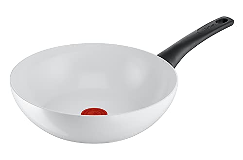Tefal C41719 Ceramic Control - Sartén wok (28 cm, sellado de cerámica, indicador de temperatura de señal térmica, fácil limpieza, apta para inducción, color blanco