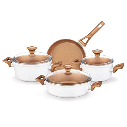 EVANEM Juego de 4 sartenes, 7 Piezas, sartén Antiadherente, cazuela, Olla de Leche, Juego de Utensilios de Cocina con Apariencia de Granito y Tapa de Vidrio