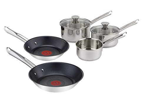 Tefal Elementary INOX Induction Batterie de Cuisine 5 pièces 3 casseroles 14/16/18 cm + couvercles en verre 16/18 cm + 2 poêles 20/24 cm Batería de Cocina y cacerolas, Acero Inoxidable,