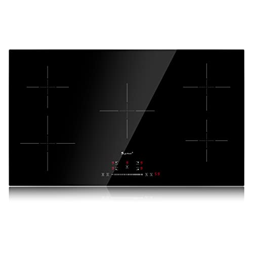 Placa inducción 90 cm, Placa de inducción 5 fuegos, Bajo ruido, Calentamiento uniforme, con Seguro para niños, Protección de apagado automático y función de temporizador, 9300W
