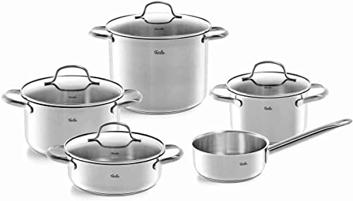 Fissler San Francisco Juego de ollas de acero inoxidable, 5 piezas, 3 ollas y 1 cacerola con tapa de cristal, 1 cazo sin tapa, aptas para todo tipo de placas, inducción