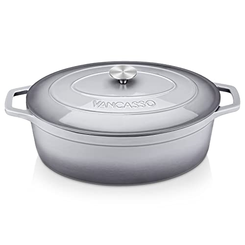 vancasso Ollas de Hierro Fundido Ovaladas, Cazuela de Hierro Fundido Esmaltado 37 cm / 8 litros, Ollas de Hierro Fundido Ovaladas con Tapa para Todas Las Fuentes de Calor (Inducción) - Gris