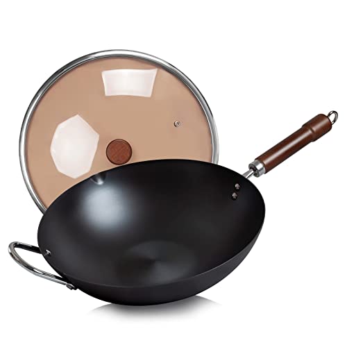 WANGYUANJI 32 cm Acero Wok, Sartén Wok Antiadherente con tapa y mango extraíble, compatible con todos los fuegos