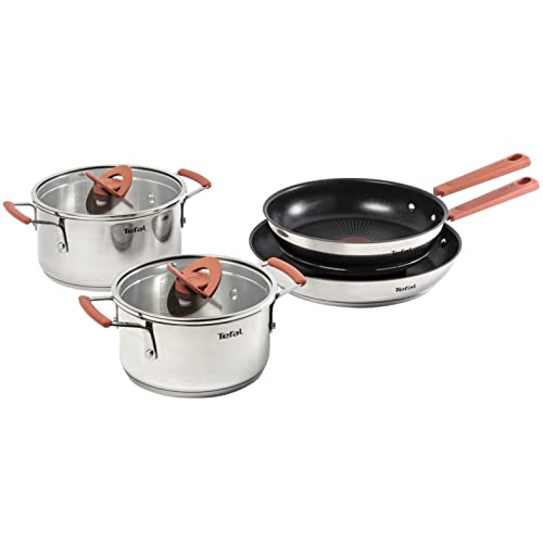 Tefal Optispace - Juego de 2 Sartenes y 2 Ollas: 2 Sartenes de 24/28 cm, Cacerola de 18 cm y olla de 20 cm de acero inoxidable, 2 tapas planas, Thermospot, asas toque frío, todo tipo de cocinas