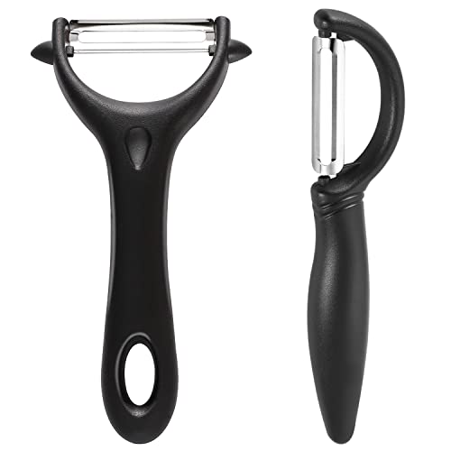 2 Piezas Pelador de Patatas, Pelapatatas Pelador de Frutas y Verduras Multifuncional de Acero Inoxidable con Cuchilla Pendular y Mango Ergonómico para Patatas Pepinos Zanahorias Manzanas(Negro)
