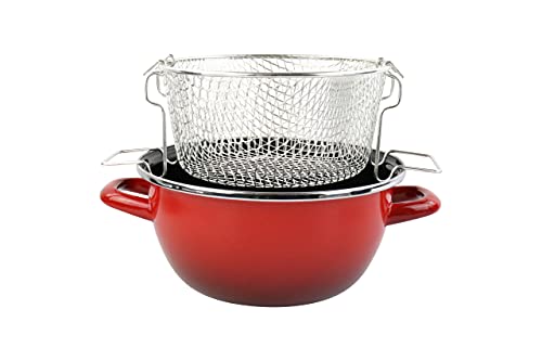 Freidora Sfumato-New 20Ø de acero vitrificado con exterior rojo degradado. Recubrimiento interior antiadherente negro bicapa. Apta para todo tipo de cocinas, espcialmente inducción.