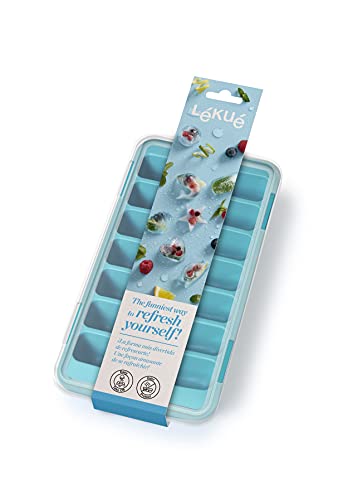 Lékué Cubitera de Caucho Natural con Tapa, Azul, 14 Cavidades, Rectangular