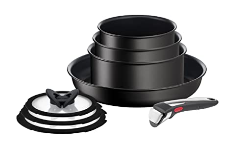 Tefal Ingenio Ultimate On - Juego 8 piezas apilables: 3 cazos apilables 16/18/20cm + sarten 28cm + 3 tapas 16/18/20cm + mango extraíble, revestimiento antiadherente, apta todas las cocinas y horno