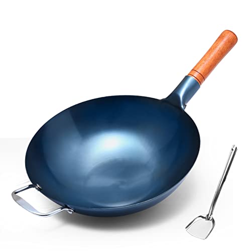 ZAANU Woks De Hierro Fundido Y Sartenes, Woks De Hierro Martillado A Mano Chino Olla Antiadherente De Fondo Redondo, Mango De Ayuda De Acero Y Sin Revestimiento,34cm (36cm)