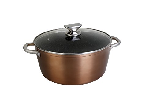 WECOOK! Professional Cazuela Alta Inducción con Tapa de Cristal 28 cm, Antiadherente Ecológico sin PFOA, Aluminio Forjado, Color Cobre, 2,8 mm Espesor, Asas de Acero Inoxidable, Vitrocerámica, Gas