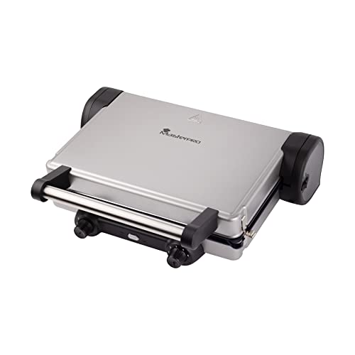 MasterPro Foodies | Parrilla Eléctrica Antiadherente | Grill de 12 x 32 x 40 cm | 2200 W | 2 Termostatos Ajustables | 180º apertura |Fabricada en Acero Inoxidable y ABS| 3 Funcionalidades Diferentes