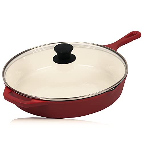 Mahlzeit Sartén Esmaltada Redonda de Hierro Fundido con Tapa | Ø 29,5 cm | Sartén Parrilla con Dos Picos | Sartén para Barbacoa, Cocinas de Gas, Eléctricas, de Inducción, Borde Alto, Sartenes