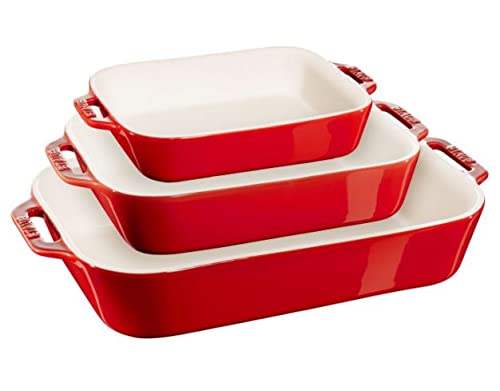 STAUB Ceramique - Juego de 3 platos rectangulares de cerámica para horno, horno y cazuela, apto para horno, congelador, color cereza