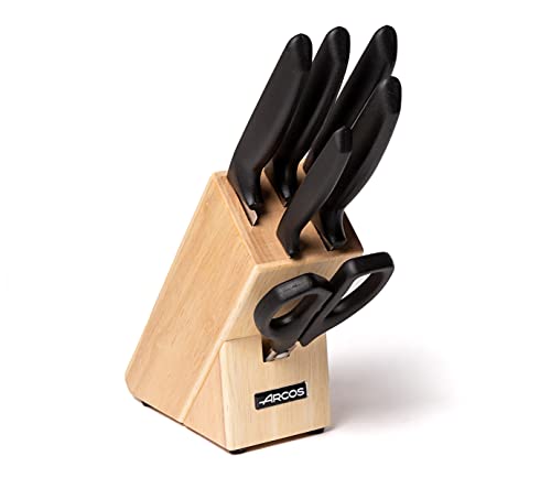 Arcos Juego de Cuchillos de Cocina. 6 piezas con bloque. 5 Cuchillos chef y 1 tijeras Acero Inoxidable. Mango ergonómico polipropileno para cortar carne, pescado y verduras. Serie Niza. Color negro.