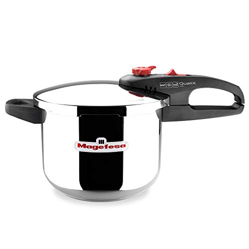 MAGEFESA ® Qualix Olla a presión Super rapida de 6 litros, Fabricada en Acero Inoxidable 18/10, Apta para Todo Tipo de cocinas, Incluido induccion, Fondo termodifusor, 5 Sistemas Seguridad, Express