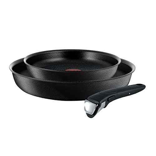 T-Fal Ingenio - Juego de 2 sartenes antiadherentes de inducción de 3 piezas, apilables, con mango extraíble, ollas y sartenes, horno, asar, apto para lavavajillas, color negro