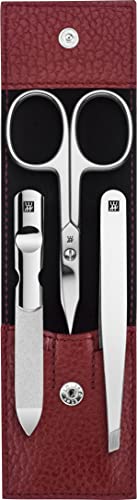 ZWILLING Set de manicura de 3 piezas para el cuidado de las uñas y pedicura de piel de vaca con pulsador, incl. tijeras para uñas, Rojo