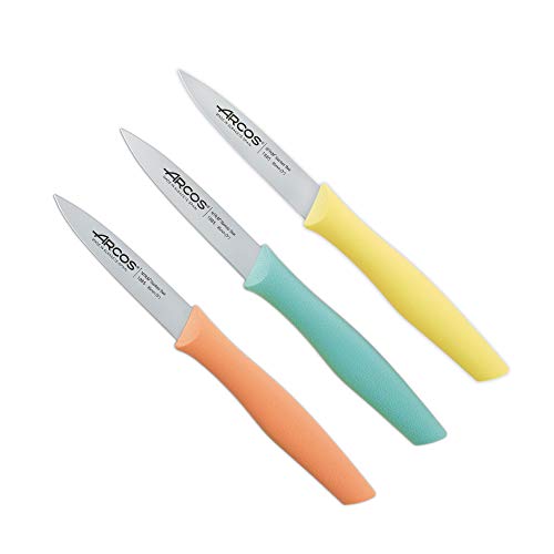 Arcos | Cuchillos 3 Colores | cuchillo de pelar | cuchillos pelar patatas | Acero Inoxidable Nitrum| Envase Ecológico | cuchillo colores (85 mm, Amarillo, Turquesa, Naranja)