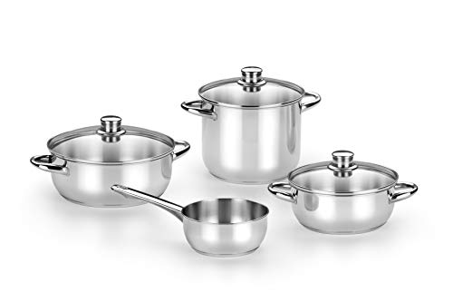 Monix Optima 2 Batería de 4 piezas Acero INOX 18/10 Apta para Todo Tipo de Cocina e inducción: Olla 20 cm Cacerola 20 y 24 cm Cristal y cazo 16 cm sin Tapa