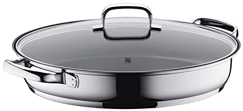 WMF - Cacerola Baja Larga Oval con Tapa de Cristal, Cromargan 18/10 Acero Inoxidable, antiadherente, Apto para Inducción y Horno, Diseñado en Alemania, Rustidiera 38 cm