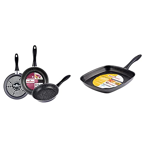 MAGEFESA K2 Gransasso Juego de 3 sartenes 18/20/24cm de acero vitrificado exterior gris moteado + Glass Asador cuadrado alto 28cm de acero vitrificado exterior negro cristal