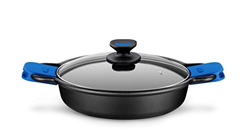 Monix Solid Cacerola Baja, Tapa de Cristal y Asas de Silicona, 7 litros, Aluminio Fundido, Negro y Azul
