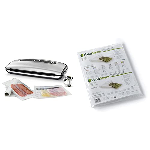 FoodSaver FFS015X-01 Envasadoras al vacío con cánula, Acabado tipo inox + Bolsas FoodSaver de envasado al vacío reutilizables precortadas,32 bolsas de envasado al vacío precortadas (3,78 L)
