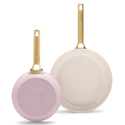 GreenPan Reserve - Juego de sartenes antiadherentes de cerámica anodizada dura de 8 y 10 pulgadas, mango dorado, sin PFAS, apto para lavavajillas, horno, rosa rubor