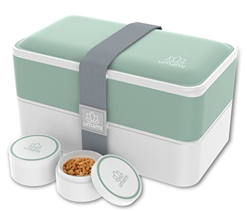 Umami Bento Lunch Box, 2 Recipiente 3 Cubiertos, Tupper Compartimentos Estilo Bento Box Japonés, Porta Alimentos Hermético, Microondas y Lavavajillas, Fiambrera Para Adultos/Niños, Zero Waste
