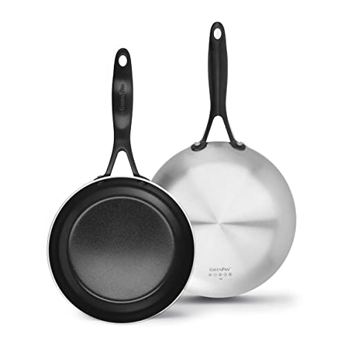 GreenPan Venice Pro Noir Juego de Sartenes de 20cm y 26cm de Acero Inoxidable Sano Cerámico Antiadherente, Mango Negro Mate, Libre de PFAS, Inducción, Apto para Lavavajillas, Apto para Horno, Plata
