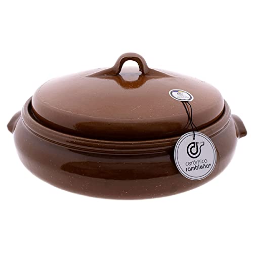 CERÁMICA RAMBLEÑA | Cazuela de barro refractario con tapadera | Cazuela fuego directo | Cazuela cerámica tradicional | Cazuela para horno | Cazuela baja con tapadera | 35x33x12 cm | 3.5 litros