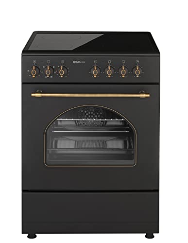 SOLTHERMIC COCINA ELECTRICA VITROCERAMICA CON HORNO INCORPORADO/NEGRA RÚSTICA ACABADOS DORADOS/ANCHO 60 CMS / 4 FOCOS/HORNO 60 L. / FUNCION TURBO Y TEMPORIZADOR