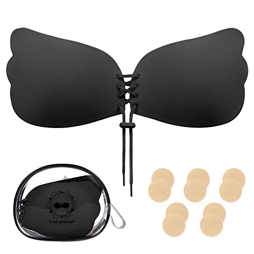 Nadeer Sujetador Adhesivo sin Tirantes Push Up Sticky Bra Invisible Nipple Covers Backless Silicone Sostén Cómodo Reutilizable (Negro,A)