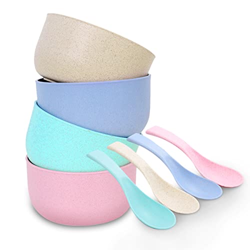 Jeslon Cuenco de Cereales, Tazones de plástico irrompibles para Niños, 4 Tazones con 4 Cucharas 500ml Ligero Apto para Lavavajillas y Microondas para Ensalada Sopa Arroz Pasta