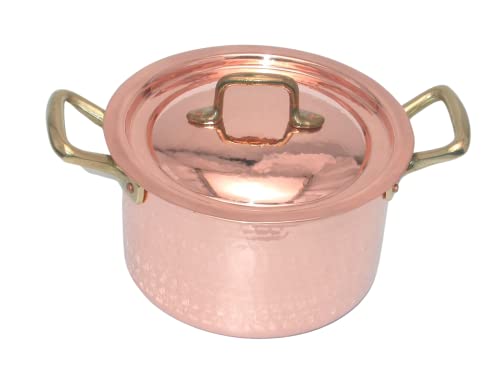 CREARTISTIC Cacerola alta con tapa, olla antiadherente, 8 x 10,5 cm, 2 l, de cobre estañado, para ragú y otras salsas, con 2 asas de latón, 100 % hecha a mano en Italia