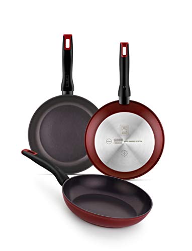 BRA Red Diamond Set de 3 sartenes aluminio forjado 20-24-28 cm, antiadherente sin PFOA reforzado con Diamante y Titanio, aptas para todo tipo de cocinas e inducción, Rojo