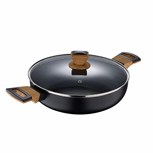 BERGNER Earth | Cacerola de Cocina | Cacerola Baja de 28 cm con Tapa | Color Gris | Fabricada en Aluminio Prensado con Asas Ergonómicas de Madera | Menaje de Cocina | Para Todo Tipo de Cocinas