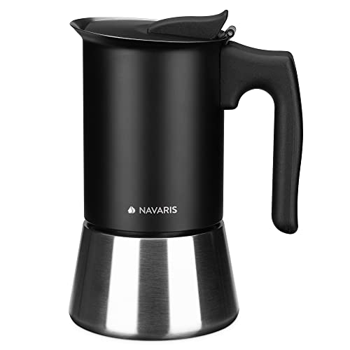 Navaris Cafetera italiana para café expresso - Máquina de café espresso de 200 ml para 4 tazas - Moka de acero inoxidable para todo tipo de cocinas